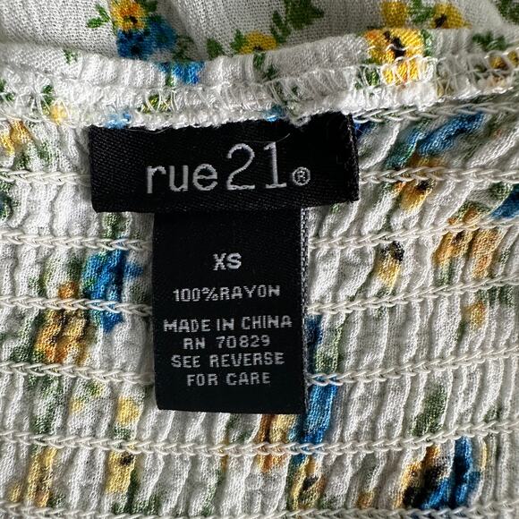 Rue 21 Floral Sundress XS Blue Yellow Ruffle Smocked Cottagecore Boho Y2K - Picture 7 of 9